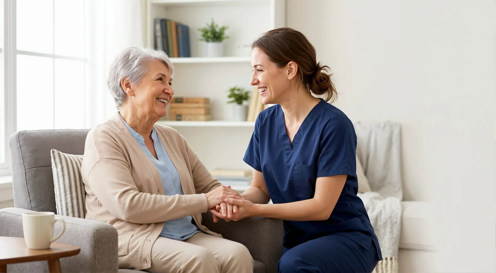 Nurse warmly holding an older woman's hands